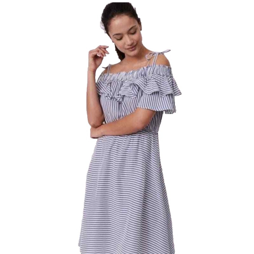 Ann Taylor Loft Meadow Dress Off Shoulder Ruffle Small Blue White Stripe‎ Summer